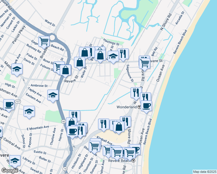 map of restaurants, bars, coffee shops, grocery stores, and more near 93 Atwood Street in Revere