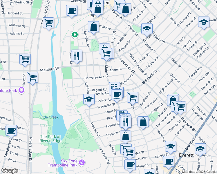 map of restaurants, bars, coffee shops, grocery stores, and more near 10 Regent Road in Malden