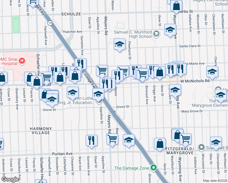 map of restaurants, bars, coffee shops, grocery stores, and more near 16875 Manor in Detroit