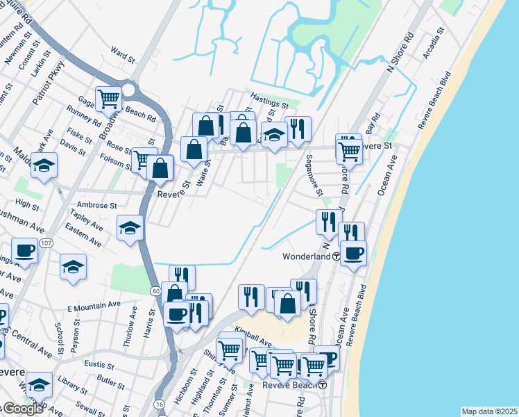 map of restaurants, bars, coffee shops, grocery stores, and more near 93 Atwood Street in Revere