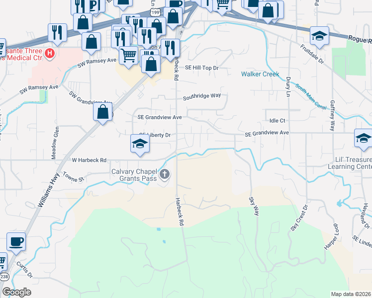 map of restaurants, bars, coffee shops, grocery stores, and more near 1980 Harbeck Road in Grants Pass