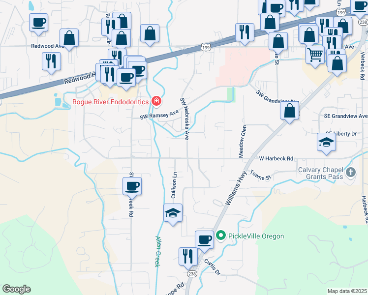 map of restaurants, bars, coffee shops, grocery stores, and more near 1036 West Harbeck Road in Grants Pass