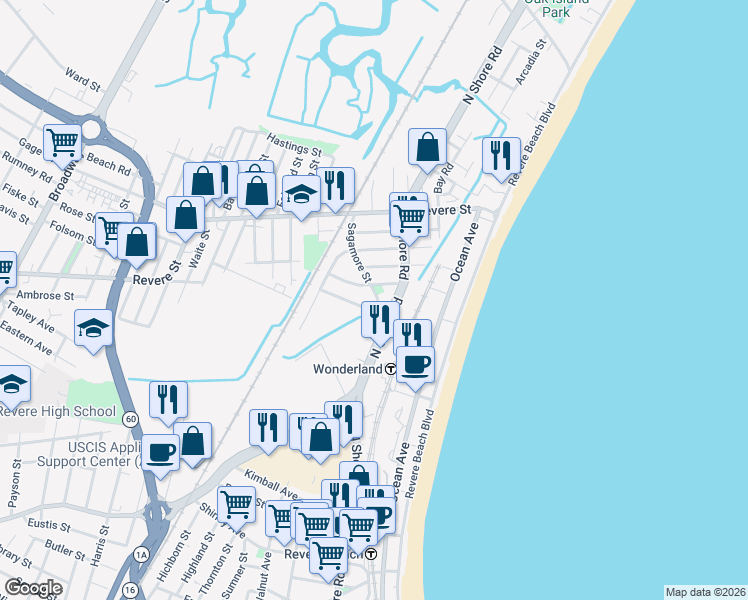 map of restaurants, bars, coffee shops, grocery stores, and more near 1235 North Shore Road in Revere
