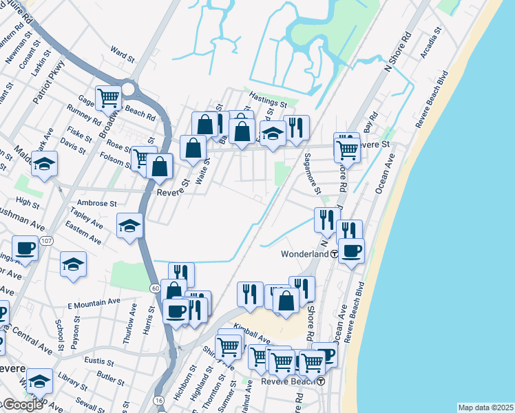 map of restaurants, bars, coffee shops, grocery stores, and more near 93 Atwood Street in Revere