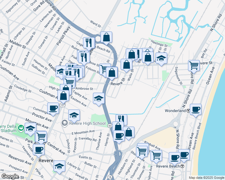 map of restaurants, bars, coffee shops, grocery stores, and more near 85 Stowers Street in Revere