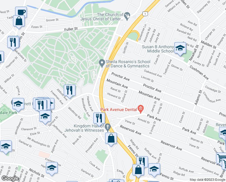 map of restaurants, bars, coffee shops, grocery stores, and more near 35 Howard Street in Revere