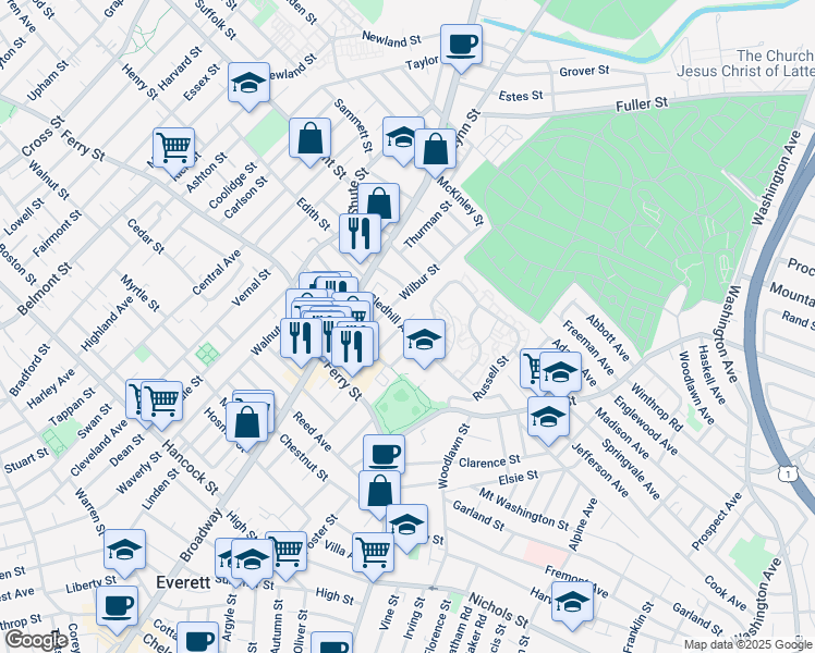map of restaurants, bars, coffee shops, grocery stores, and more near 61 Gledhill Avenue in Everett