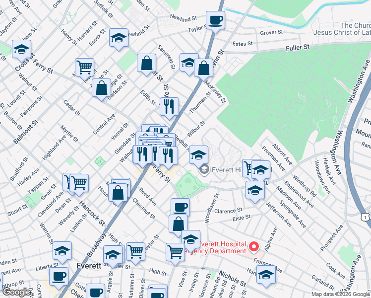 map of restaurants, bars, coffee shops, grocery stores, and more near 46 Sycamore Street in Everett