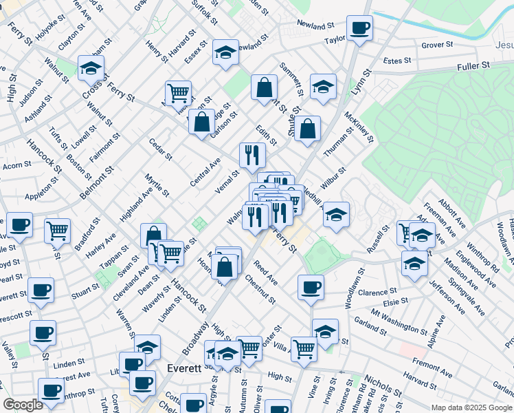 map of restaurants, bars, coffee shops, grocery stores, and more near 368 Ferry Street in Everett