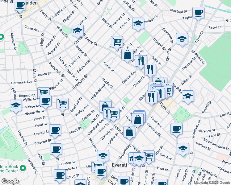 map of restaurants, bars, coffee shops, grocery stores, and more near 9 Dowse Street in Everett