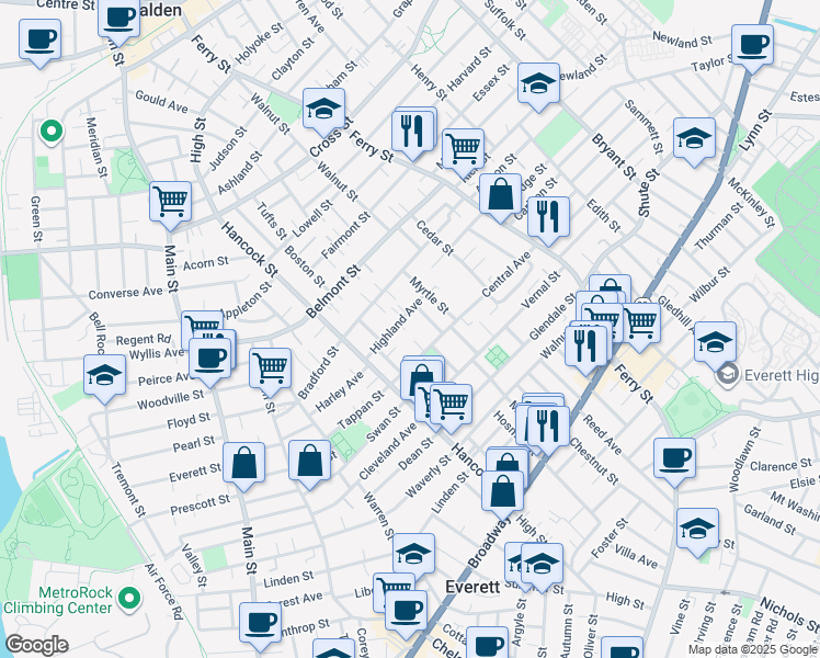 map of restaurants, bars, coffee shops, grocery stores, and more near 1 Highland Court in Everett