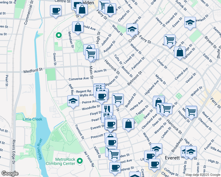 map of restaurants, bars, coffee shops, grocery stores, and more near 220 Bucknam Street in Everett