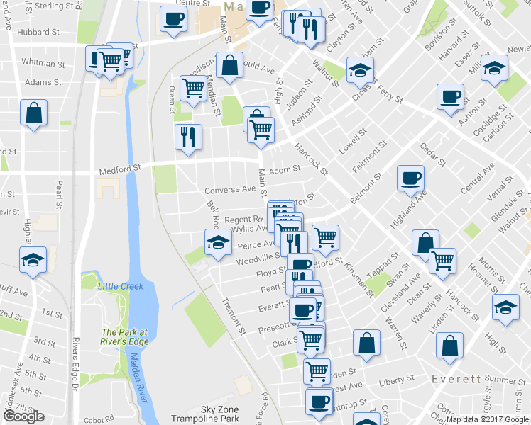 map of restaurants, bars, coffee shops, grocery stores, and more near 8 Regent Road in Malden