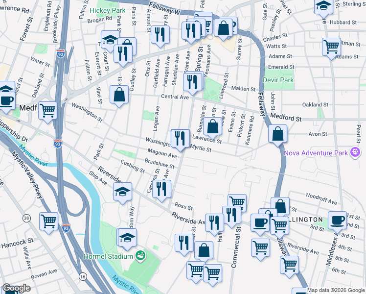 map of restaurants, bars, coffee shops, grocery stores, and more near 87 A Spring Street in Medford