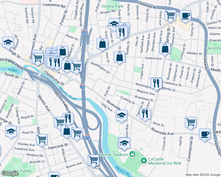 map of restaurants, bars, coffee shops, grocery stores, and more near 8 Thatcher Street in Medford