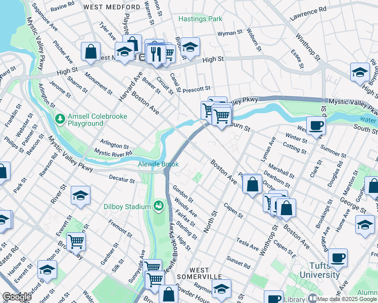 map of restaurants, bars, coffee shops, grocery stores, and more near 501 Mystic Valley Parkway in Somerville