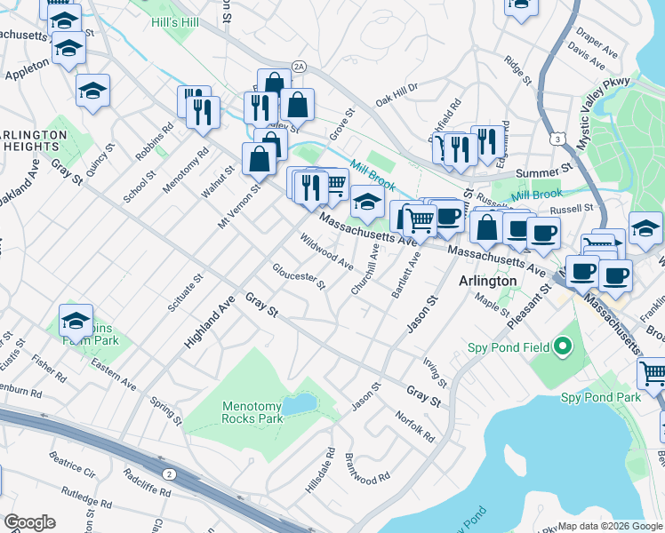 map of restaurants, bars, coffee shops, grocery stores, and more near 18 Field Road in Arlington