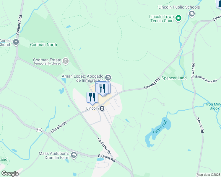 map of restaurants, bars, coffee shops, grocery stores, and more near 50 Wells Road in Lincoln
