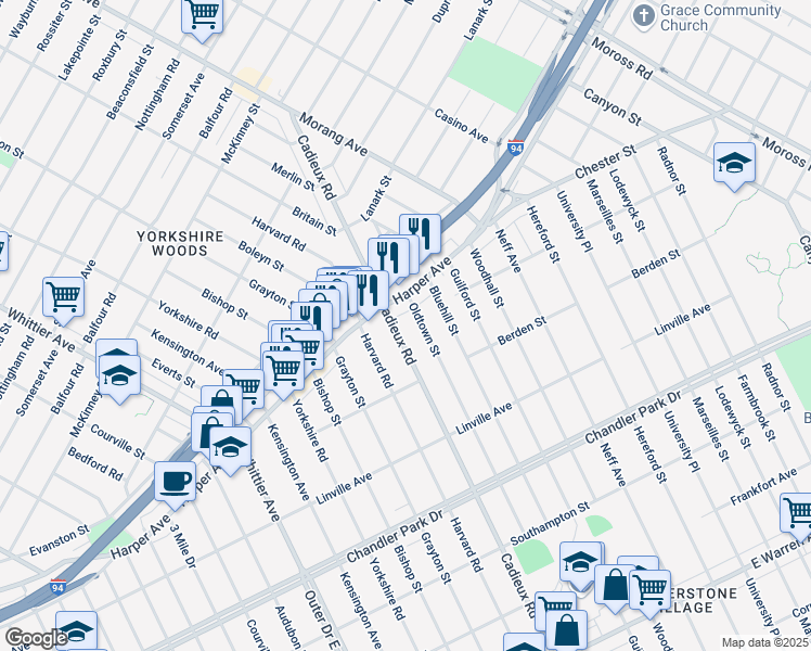 map of restaurants, bars, coffee shops, grocery stores, and more near 6181 Cadieux Road in Detroit