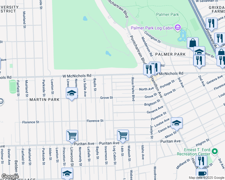 map of restaurants, bars, coffee shops, grocery stores, and more near 16826 Inverness Street in Detroit