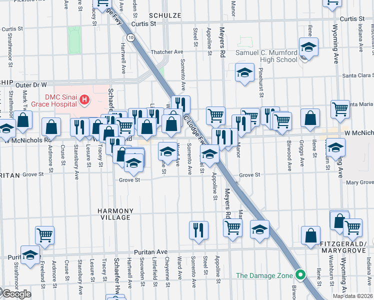 map of restaurants, bars, coffee shops, grocery stores, and more near 16885 Sorrento Avenue in Detroit