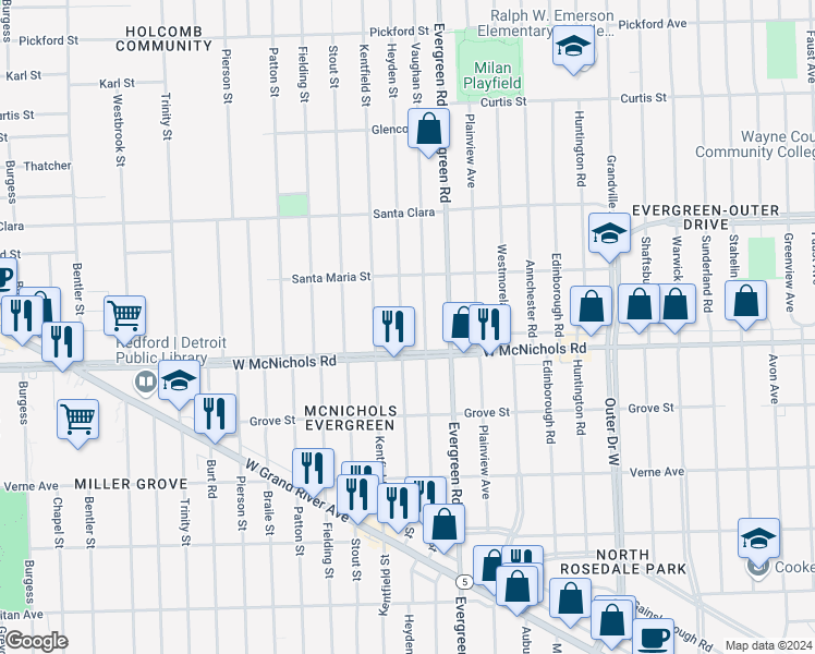 map of restaurants, bars, coffee shops, grocery stores, and more near 17125 Vaughan Street in Detroit