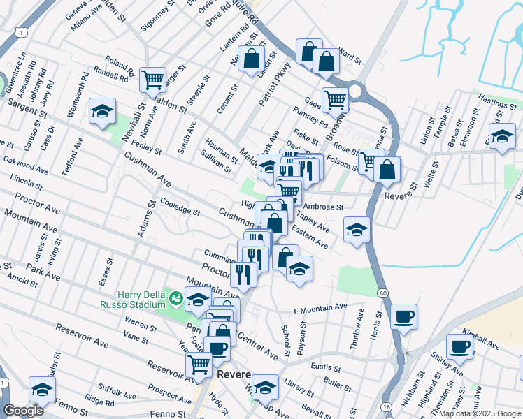 map of restaurants, bars, coffee shops, grocery stores, and more near 16 High Street in Revere