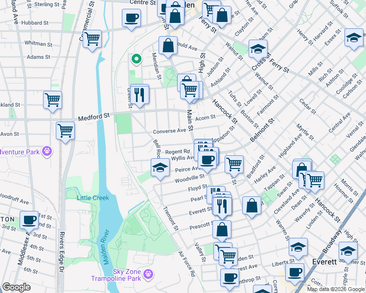 map of restaurants, bars, coffee shops, grocery stores, and more near 10 Regent Road in Malden
