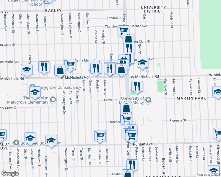 map of restaurants, bars, coffee shops, grocery stores, and more near 16850 Monica Street in Detroit