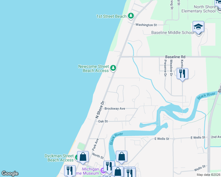 map of restaurants, bars, coffee shops, grocery stores, and more near 550 North Shore Drive in South Haven