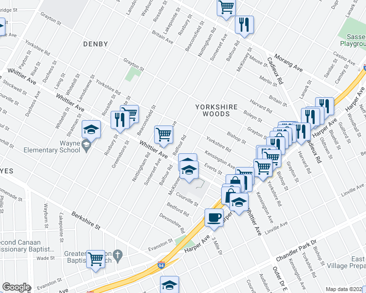 map of restaurants, bars, coffee shops, grocery stores, and more near 10266 Balfour Road in Detroit