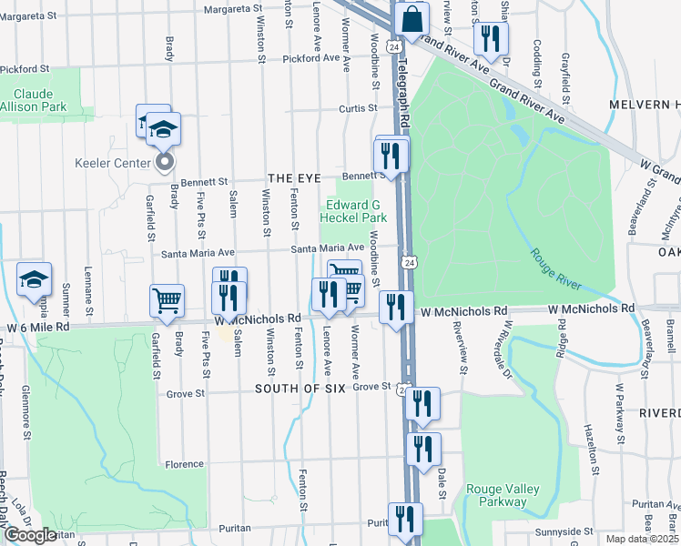 map of restaurants, bars, coffee shops, grocery stores, and more near 17199 Wormer in Detroit