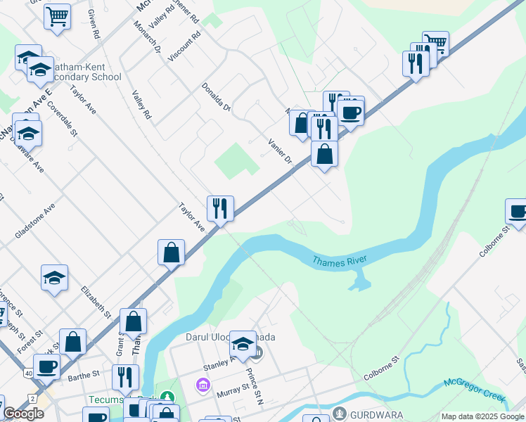map of restaurants, bars, coffee shops, grocery stores, and more near 364 Grand Avenue East in Chatham