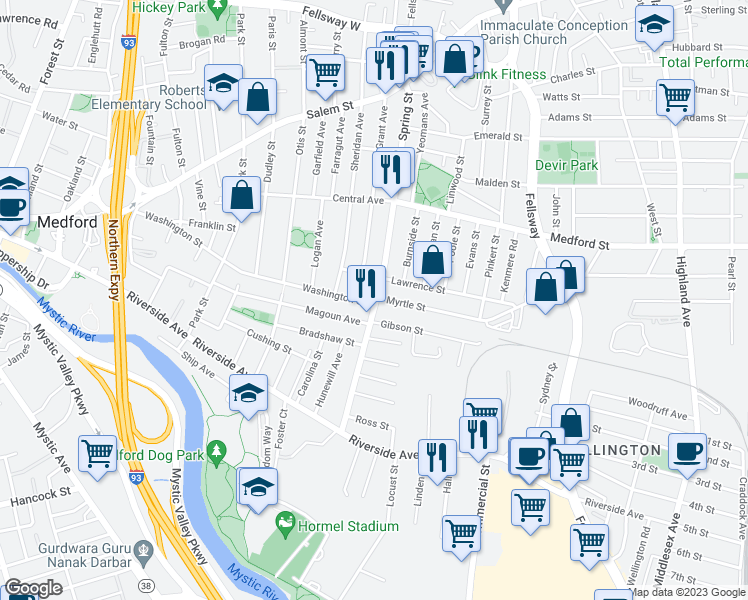 map of restaurants, bars, coffee shops, grocery stores, and more near 98 Spring Street in Medford
