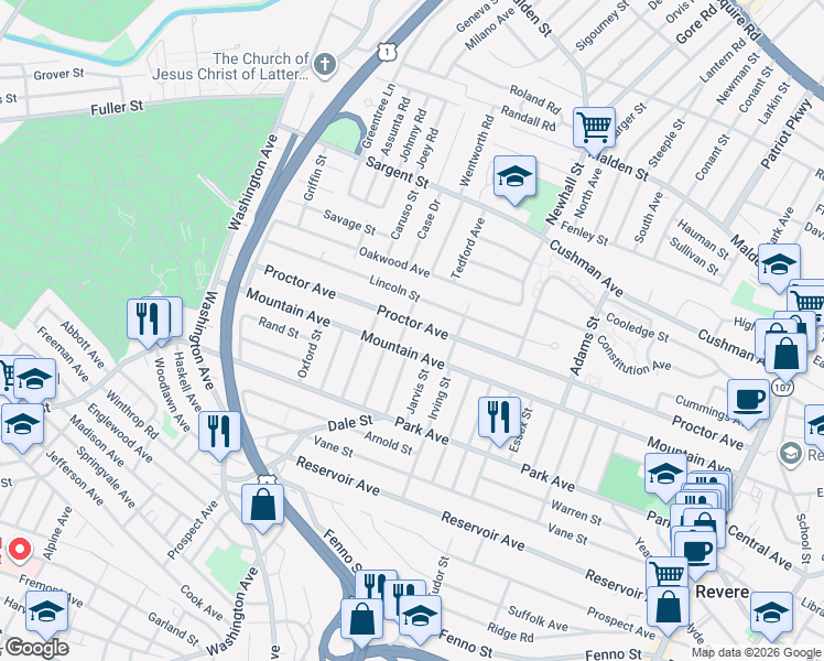 map of restaurants, bars, coffee shops, grocery stores, and more near 415 Mountain Avenue in Revere