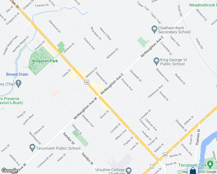 map of restaurants, bars, coffee shops, grocery stores, and more near 36 McNaughton Avenue East in Chatham-Kent