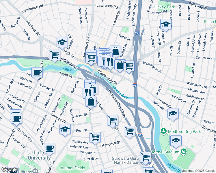 map of restaurants, bars, coffee shops, grocery stores, and more near 3000 Mystic Valley Parkway in Medford