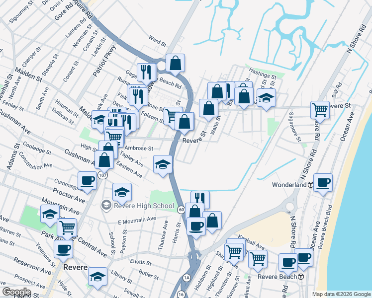 map of restaurants, bars, coffee shops, grocery stores, and more near 85 Stowers Street in Revere