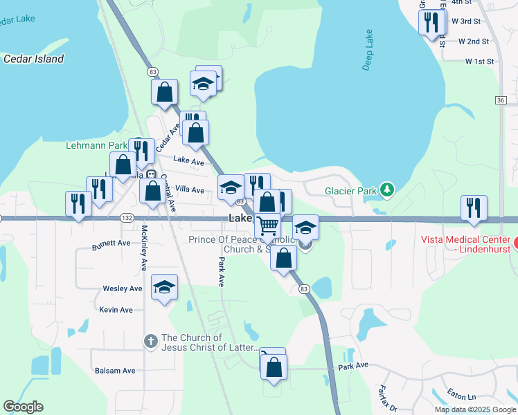 map of restaurants, bars, coffee shops, grocery stores, and more near 400 Grand Avenue in Lake Villa