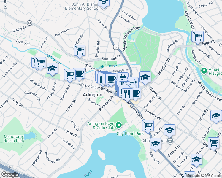 map of restaurants, bars, coffee shops, grocery stores, and more near 645R Massachusetts Avenue in Arlington