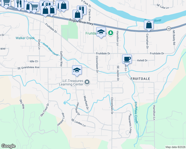 map of restaurants, bars, coffee shops, grocery stores, and more near 1880 Cloverlawn Drive in Grants Pass