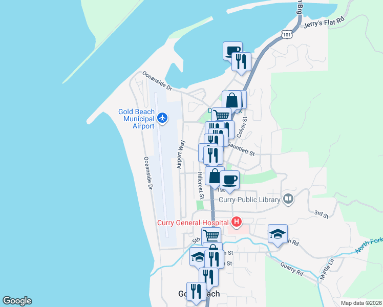map of restaurants, bars, coffee shops, grocery stores, and more near 29772 Hillcrest Street in Gold Beach