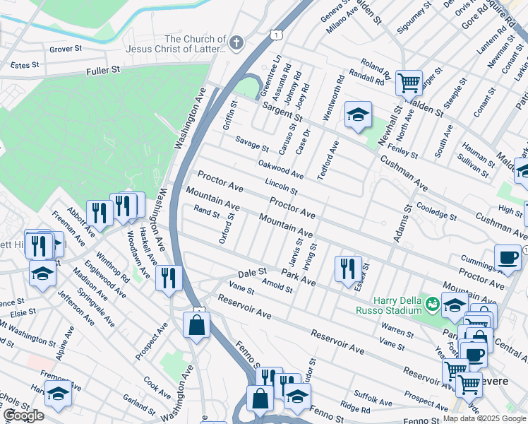 map of restaurants, bars, coffee shops, grocery stores, and more near 52 Madison Street in Revere