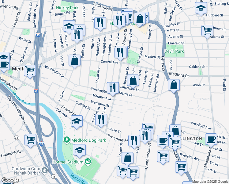 map of restaurants, bars, coffee shops, grocery stores, and more near 87 A Spring Street in Medford