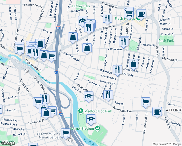 map of restaurants, bars, coffee shops, grocery stores, and more near 12 Cushing Street in Medford