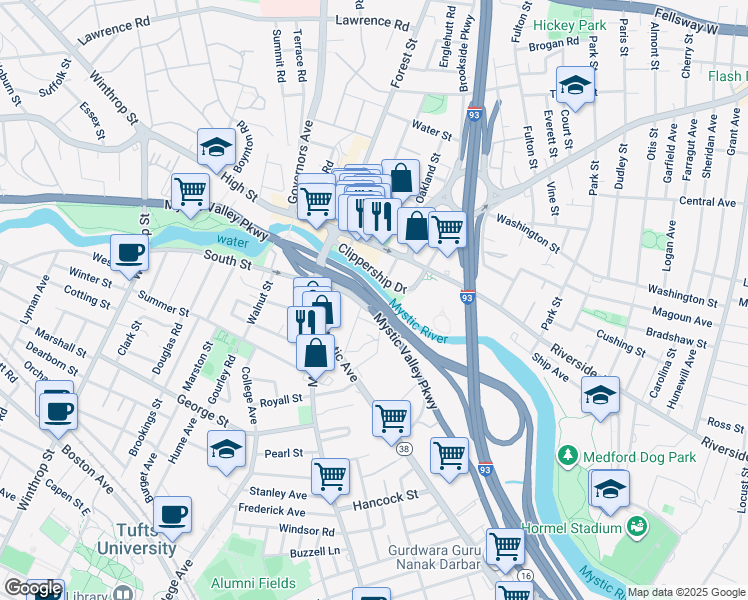 map of restaurants, bars, coffee shops, grocery stores, and more near 50 Swan Street in Medford