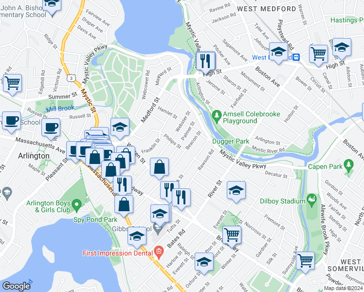 map of restaurants, bars, coffee shops, grocery stores, and more near 52 Beacon Street in Arlington
