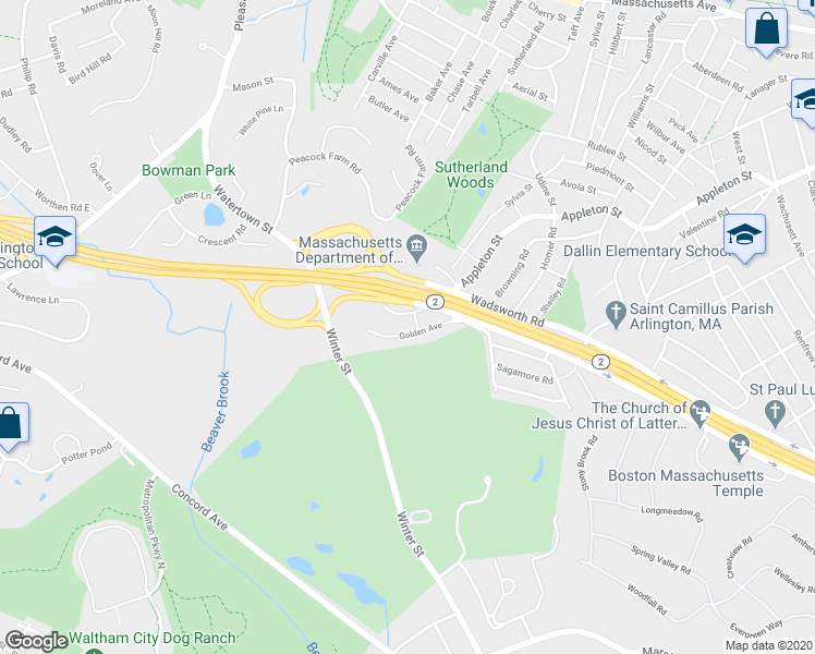 map of restaurants, bars, coffee shops, grocery stores, and more near 26 Golden Avenue in Arlington