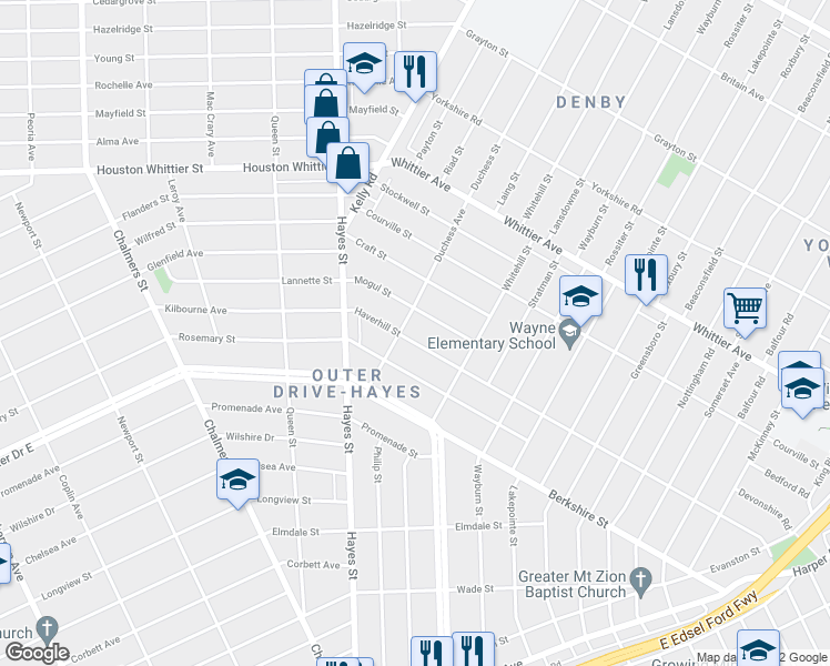 map of restaurants, bars, coffee shops, grocery stores, and more near 10791 Haverhill Street in Detroit