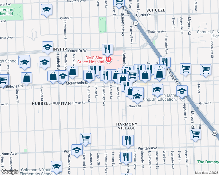 map of restaurants, bars, coffee shops, grocery stores, and more near 16876 Stansbury Avenue in Detroit